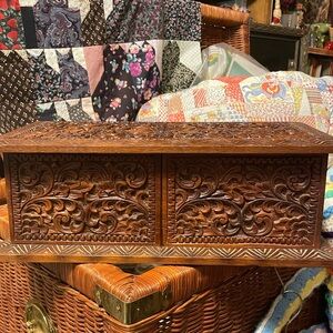 Vintage Hand carved, wooden jewelry box, with blue velvet interior, so beautiful